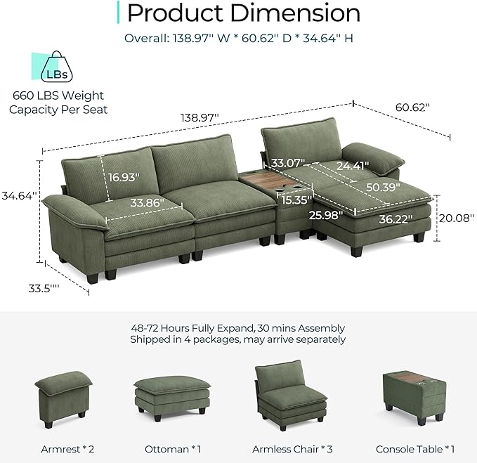 LINSY HOME Modular Sectional Sofa for Living Room Corduroy Cloud Couch with Storage Console USB Charging Cup Holders Comfy Modern Modular Cloud Couches with Movable Ottoman (Green)
