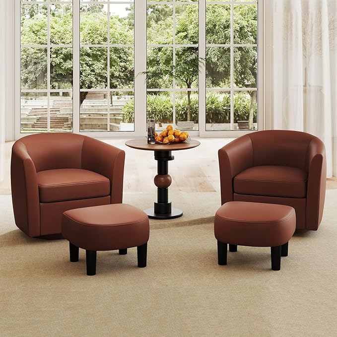 GOFLAME Swivel Barrel Chair with Ottoman Modern Faux Leather Accent Chair with Footrest Curved Backrest Removable Seat Cushion Upholstered Club Tub Sofa Chair for Bedroom Living Room Brown