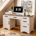 Farmhouse Executive Desk with Drawers 55 Home Office Desks with Fast Charging Station Lockable File Cabinet Wood Writing Computer Desk for Work Study White