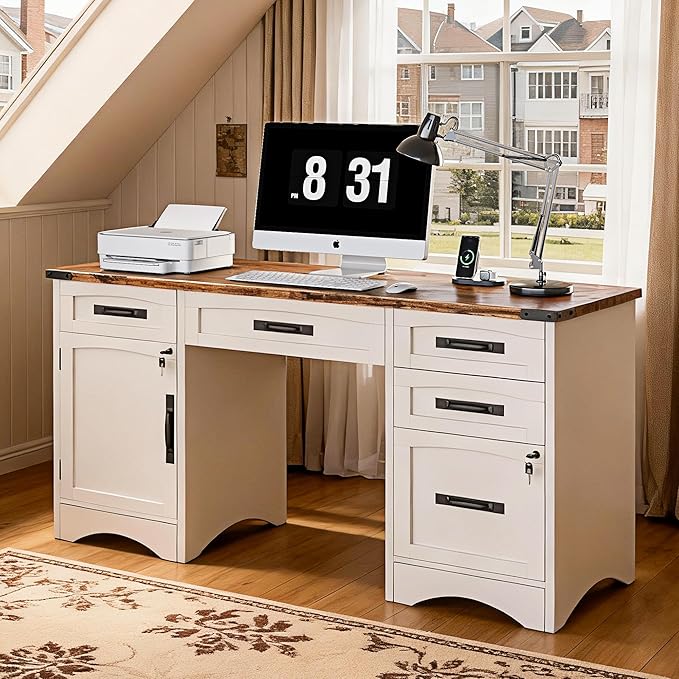 Farmhouse Executive Desk with Drawers 55 Home Office Desks with Fast Charging Station Lockable File Cabinet Wood Writing Computer Desk for Work Study White