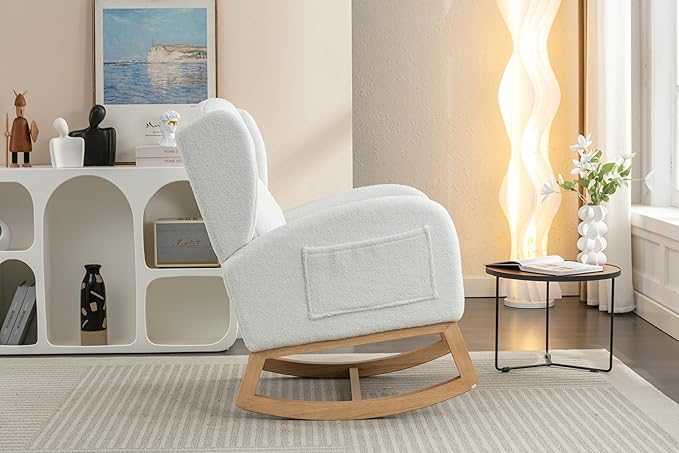 Teddy Rocking Chair Ivory Fabric Accent Chair with Wooden Legs for Living Room Bedroom Indoor Use Comfortable Upholstered Rocker with 300 Lbs Capacity