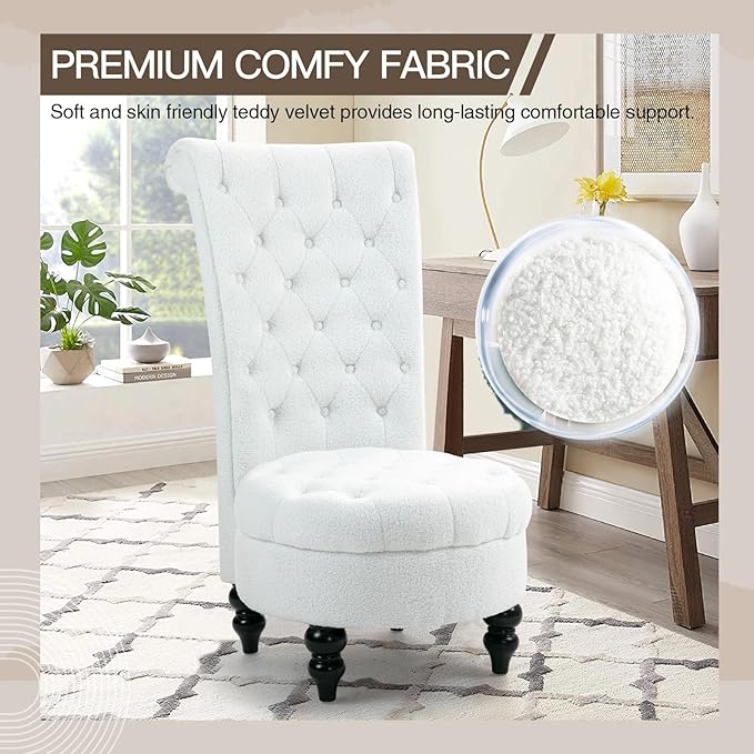 AVAWING Teddy Fleece Throne Royal Chair Set of 1 for Living Room Button-Tufted Armless High Back Chair with 24.6 Inch Large Seat Thick Padding and Rubberwood Legs White