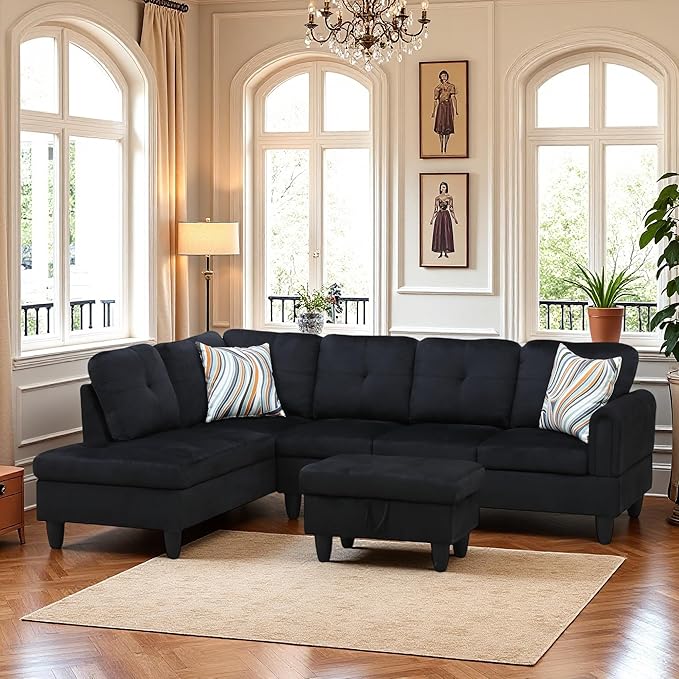 L-Shaped Sectional Sofa with Movable Chaise &amp Storage Ottoman Lounge 3-Piece Modular Convertible Couches for Living Room Apartment &amp Office Black