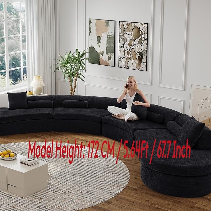 Modern 260 Curved Modular Sectional Sofa Extended 4-Seater Sofa Seats Up for 8 Chenille Foam Curved Modular Couch with Pillow for Apartment Living Room BedroomOffice (L+2M+R Black)