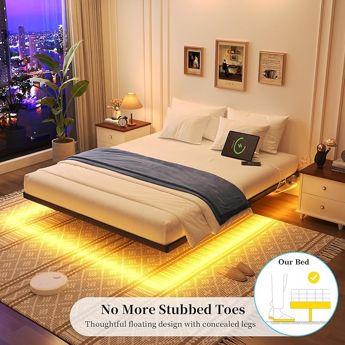 Floating Bed Frame Full Size with Smart LED Lights and Charging Station Heavy Duty Modern Metal Platform Bed No Box Spring Needed - Easy Assembly and Noise Free