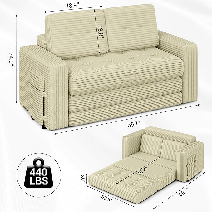 3 Fold Convertible Sofa Bed Pull Out Boneless Couch Loveseat Sleeper Sofa Folding Chaise Chair with Pillows for Bedroom Living Room Beige (Little Yellow)