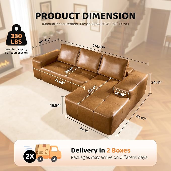 115″ Modular Sectional Sofa L-Shaped Chaise Lounge Cloud Couch with Ultra-Wide Armrests &amp Deep Seat Soft Leather Boneless Couches for Living Room No Assembly Required Brown