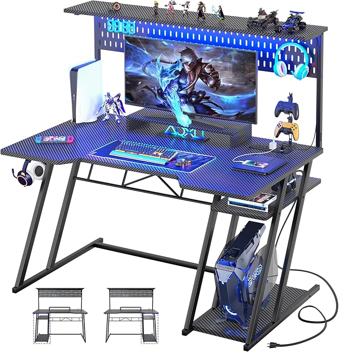 Armocity Gaming Computer Desk with Shelves and Outlets Gaming Desk with Hutch and LED Lights Reversible PC Gaming Desks with Pegboard Carbon Fiber Black 47''