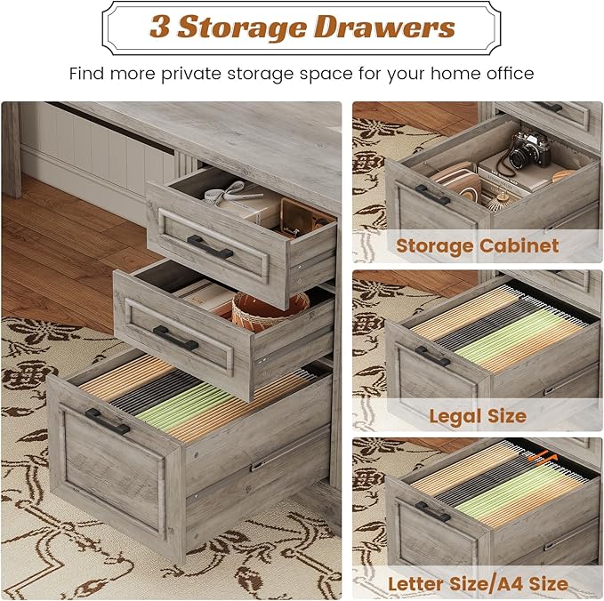 SEDETA 69 L Shaped Desk with Drawers and Storage Farmhouse Computer Desk with File Drawers and Power Outlet Corner Executive Desk with Storage Cabinet for Home Office Grey
