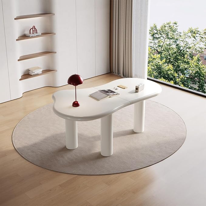 Guyii Irregular Computer Office Desk 62.2 Office Desk Modern Executive Desk with 3 Legs Creamy White Writing Study Desk for Study Room Home Office Dining Room Easy Assembly