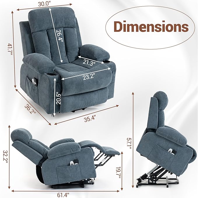 Power Lift Recliner Chair for Elderly People w/Vibration Massage and Lumbar Heat Lift Chair for Adult w/Cup Holder USB Charge Port for Living Room Bedroom Blue