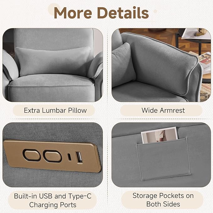 MELLCOM Power Recliner Rocking Chair Nursery Gliders with Adjustable Armrests and Headrest Swivel Electric Glider Reclining Nursing Chair with USB Port and Storage Bags FSC Certified