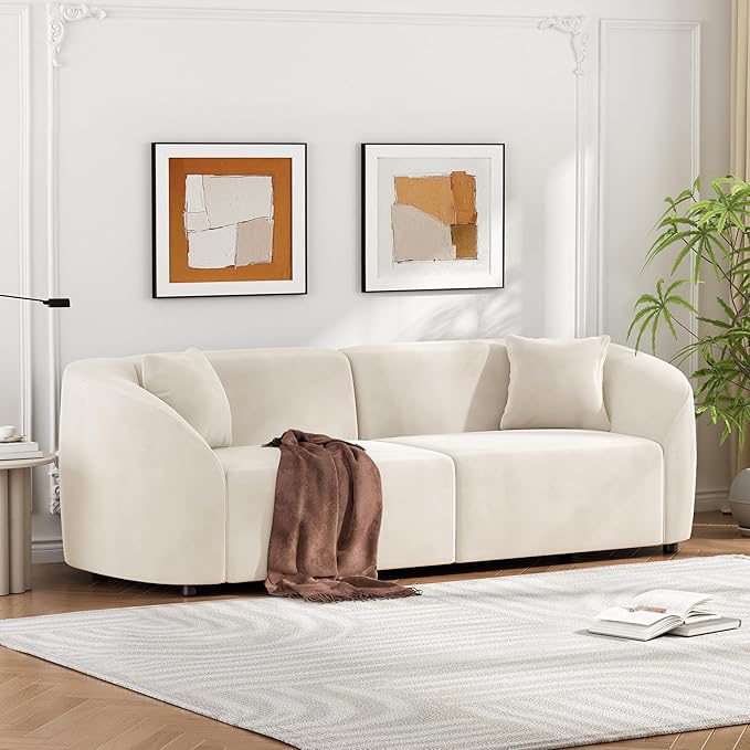 87 Sectional Sofa Curved Couch Modern 3 Seat Velvet Sofa Comfy Plush Couch for Living Room Beige