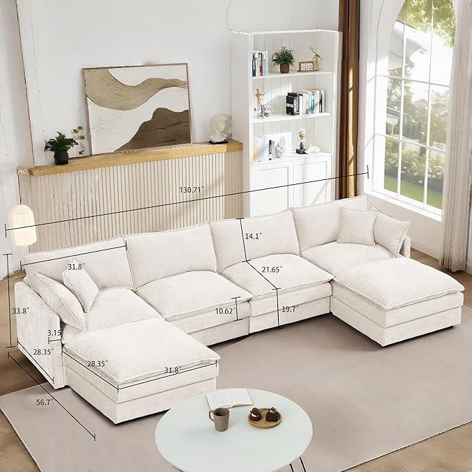 Harper &amp Bright Designs 130.7 Modular Sectional Sofa U-Shaped Cloud Couch Set with 2 Movable Ottomans 4-Seater Comfy Chenille Sofa for Living Room DIY Combination (Beige)