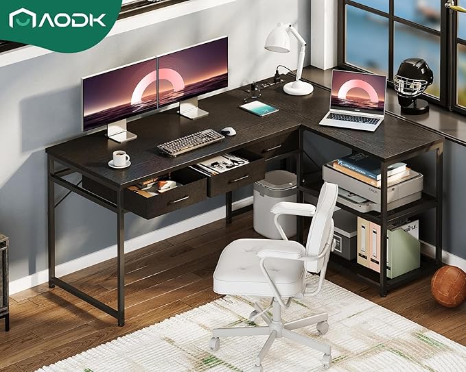 AODK 53 Inch L Shaped Computer Desk with Drawers Corner Desk with Power Outlets &amp Reversible Storage Shelves for Home Office Gaming Black