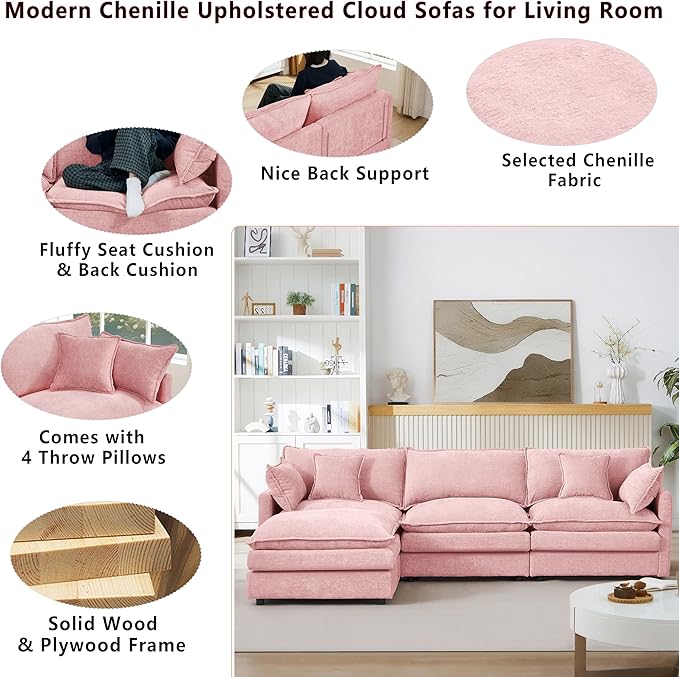 102 L-Shaped Sofa for Living RoomModular Sectional Cloud Sofa Couch with OttomanModern Chenille 3 Seater Sofas with Deep SeatSmall L Shaped Couches for Bedroom (Pink 102)