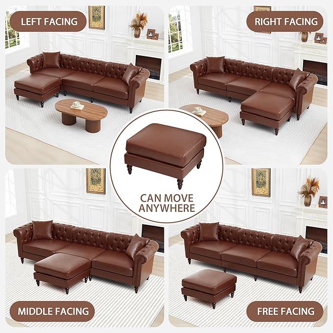 AVZEAR Chesterfield L Shaped Sofa Modular Sectional Leather Couch with Ottoman and Pillow Modern Sofa Bed PU Deep Seat Sofas Living Room Furniture Sets for Living Room Bedroom and Apartment Brown