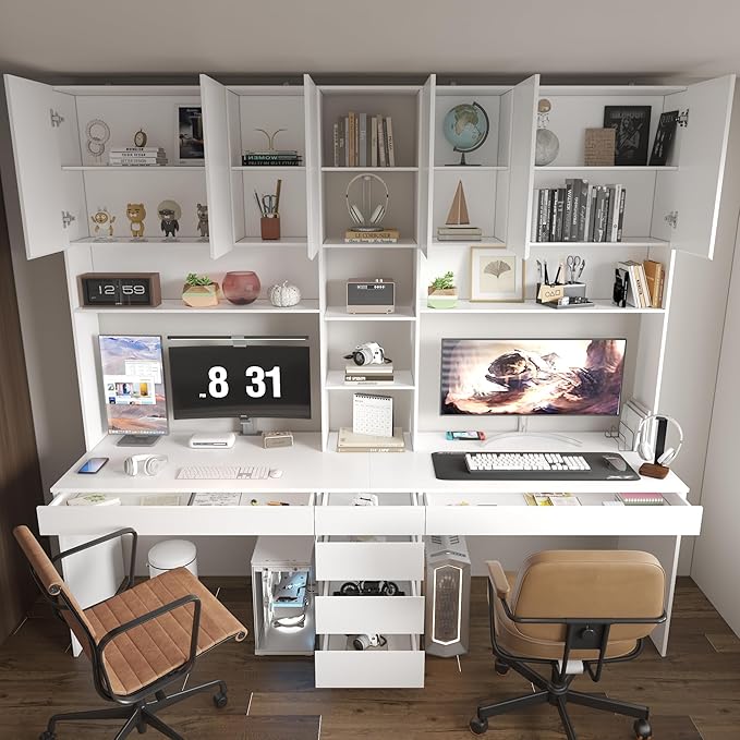 WOODTIME Large Two Person Computer Desk with Bookshelf Study Writing Gaming Table Workstation with 6 Drawers &amp 15 Shelves for Home Office White