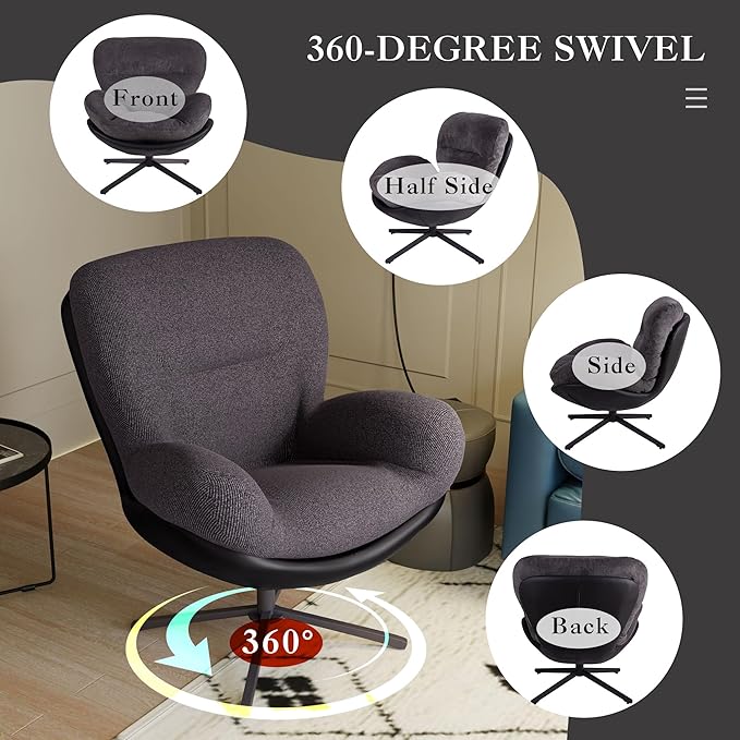 360° Swivel Accent Chair Modern Upholstered Chenille Lounge Chair Faux Leather Club Chair with Metal Base FrameComfy Reading Chair for Small Spaces Living Room Bedroom Office 31.25H Dark Gray