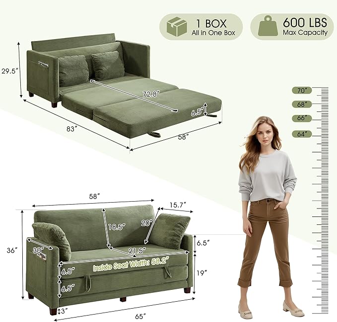 65 Loveseat Sleeper Sofa Bed Corduroy Convertible Sofa Bed for Small Spaces Folding Couch Bed with Deep Seat 2 Pillows &amp Solid Frame Pull Out Floor Couches for Living Room Green