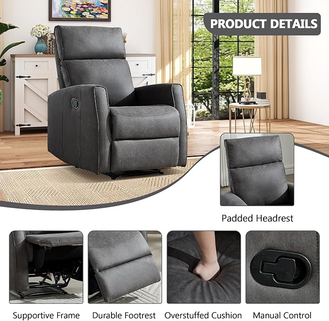 EBELLO Fabric Manual Recliner Chair Modern Adjustable Lounge Reading Chair with Overstuffed Backrest Single Reclining Winback Couch for Living Room Bedroom Grey