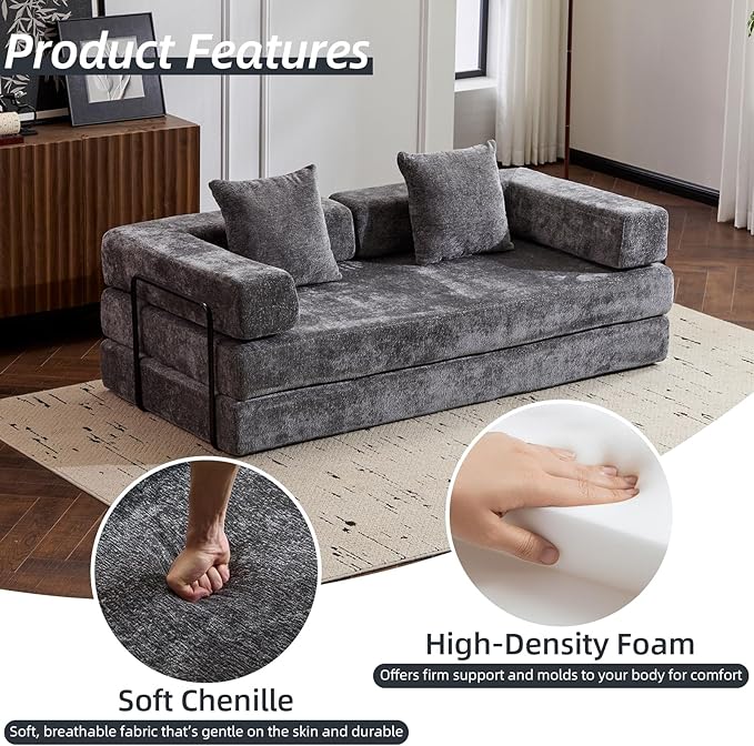 Folding Sofa Bed Convertible Sleeper Sofa Chenille Floor Couch with Pillows Fold Out Couch King Size Bed Futon Foldable Memory Foam Mattress for Living Room Bedroom Playroom (Dark Grey)
