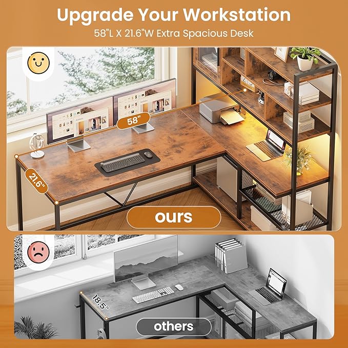 SEDETA L Shaped Computer Desk 58'' Office Desk with LED Light and Bookshelf L Shaped Corner Desk with Storage Shelves for Home Office Gaming Desk L Desk Rustic Brown