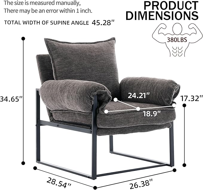 YISHENG Accent Chair with 6-Angle Adjustable Backrest(90°–180°) Chenille Fabric Living Room Chair Upholstered Lounge Chair Modern Cozy Reclining Chair for Reading Reception RoomBalcony 2PC Gray