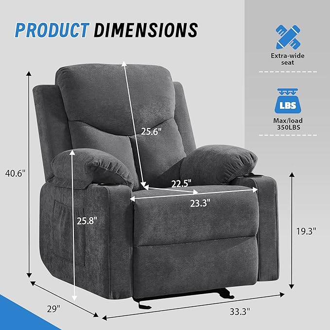 Manual Rocker Recliner Chair for Adults with Vibration MassageGlider Rocking Recliner Chairs for Living Room Bedroom Overstuffed Reclining Sofa Chair with Pockets and Cup Holds (Dark Grey)
