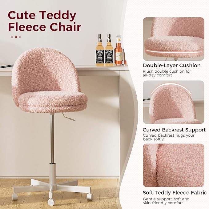 COMHOMA Vanity Chair with Teddy Velvet Small Tall Armless Chair with Back Cute Candy Chair for Girls Gift Living Room/Makeup Room/Bedroom/Kitchen (Height Use: Adjustable from Desk to Bar Height)