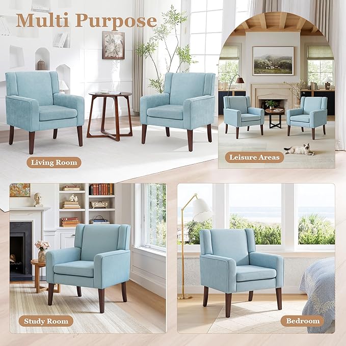 Accent Chairs Set of 2 Mid-Century Reading Chair with Wood Legs Upholstered Comfy Living Room Chair for Bedroom Apartment Waiting Room Light Blue