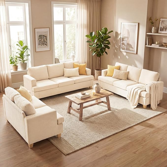 YOUDENOVA Sofa 3 Piece Set Comfy Sofa Loveseat &amp 2 3-Seater Couch with Deep Seats for Living Room Modern Sleeper Couch Beige Chenille