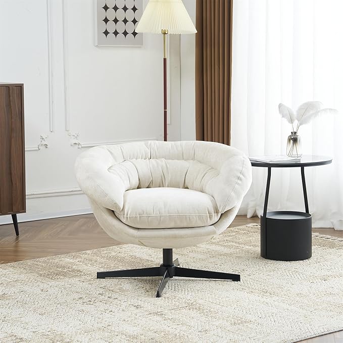 Christopher Knight Home 360° Swivel Club ChairChenille Upholstered Accent Chair with Removable Cushion Round Office Chair with Black Metal BaseBeige