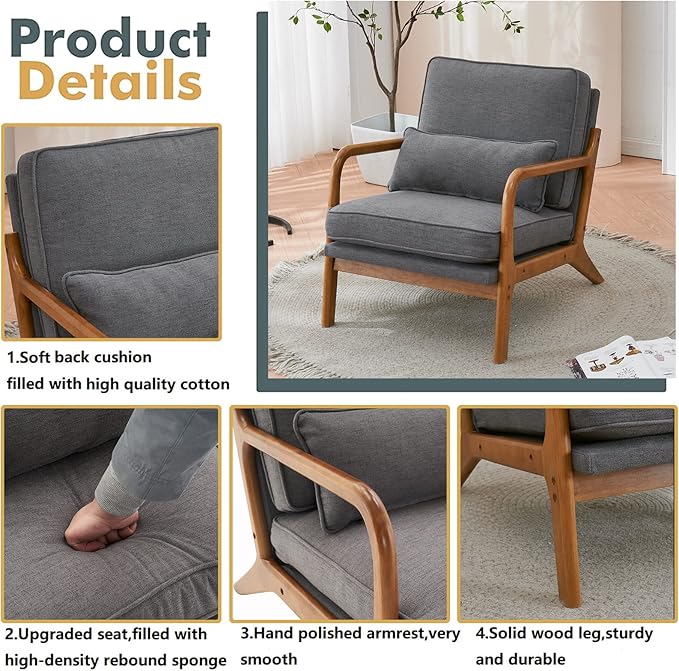Accent Chair for Living Room Mid-Century Modern Upholstered Armchair with PillowReading Arm ChairComfy Accent Chair for Bedroom