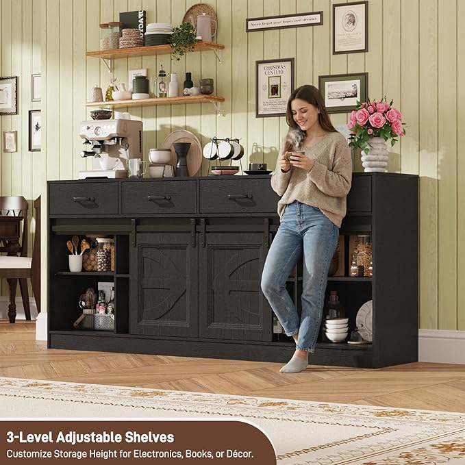 St.Mandyu 70 Large Farmhouse TV Stand for 85/80/75/70 Inch TVs w/4 DrawersRustic Tall Media Console w/Sliding Barn Door Adjustable ShelvesTall Entertainment Center for Living RoomBlack