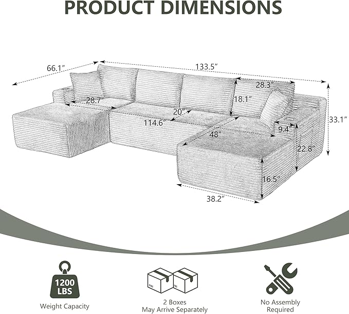 133.5 Oversized U Shaped Sectional Couch Boneless Cloud Couches for Living Room Corduroy Comfort Modular Deep Seat Sofa with Chaise Cup Holders &amp Storage Pocket No Assembly Dark Grey