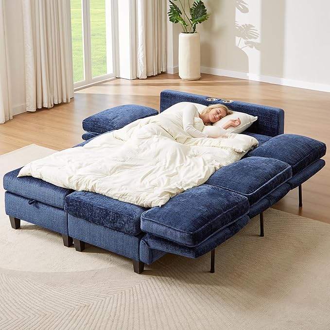 ONBRILL 110 U-Shaped Modular Sectional Sofa Convertible Sleeper Sofa Couch Bed with Adjustable Backrest Chenille Couch with Movable Ottoman Couches for Living RoomBedroom and ApartmentBlue