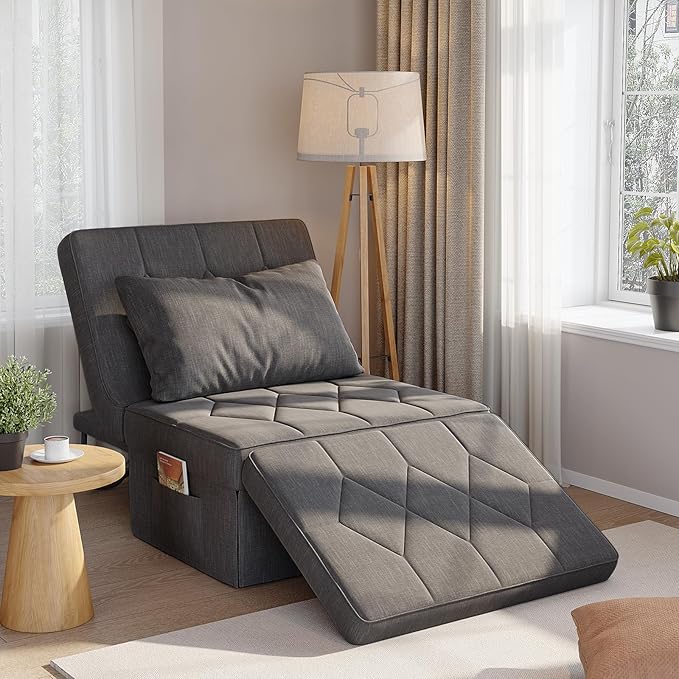 Convertible Sofa Bed with 5-Level Adjustable Backrest 70 D x 34 W 4-in-1 Folding Ottoman Sleeper Chair Bed Modern Single Futon Couch for Living Room Apartment Dorm Small Space Dark Grey