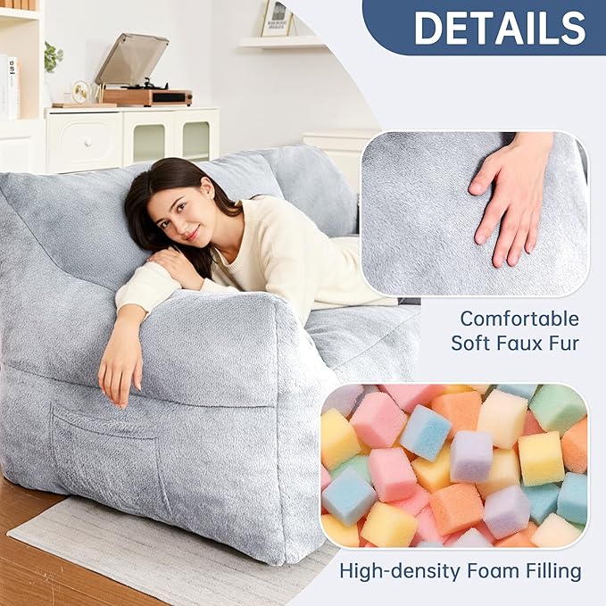 Faux Fur Loveseat Couch Oversized Lounge Sofa for Adults Fluffy Lazy Sofa with Soft Stuffed Filling Big Comfy Couch Boneless Couches for Living Room Bedroom Light Gray Blue