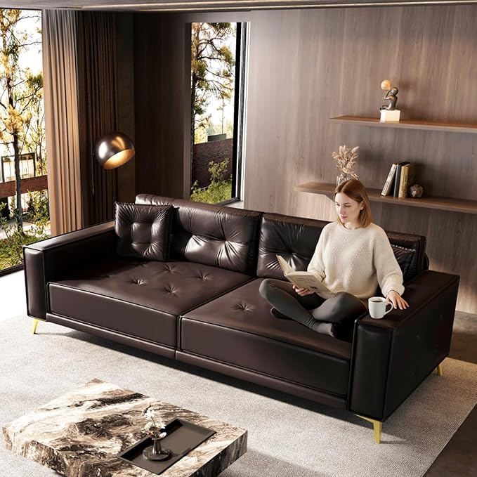 92.1 Chesterfield 3 Seater Pull Out Sofa Bed King Size with 2 Pillows and Golden Legs PU Leather 3-in-1 Convertible Sleeper Cloud Couch with Tufted Backrest Dark Brown