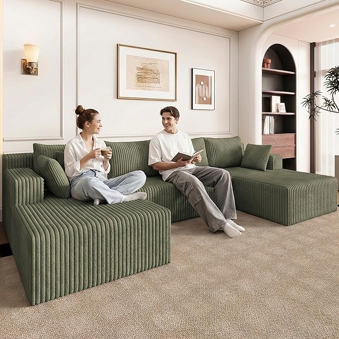 124 U Shaped Cloud Couch Sectional Corduroy Upholstered 4-Seater Cloud Couches for Living Room Deep Seat Modular Boneless Sofa with Lounge Chaise No Assembly Required Green