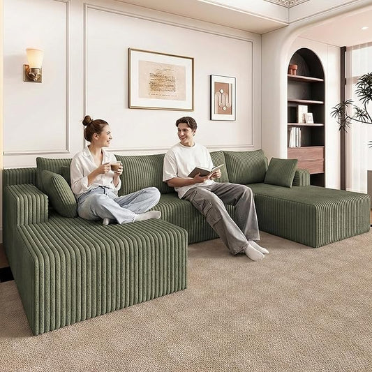 124 U Shaped Cloud Couch Sectional Corduroy Upholstered 4-Seater Cloud Couches for Living Room Deep Seat Modular Boneless Sofa with Lounge Chaise No Assembly Required Green