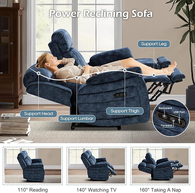 Zero Gravity Power Reclining Sofa with Adjustable Headrest Electric Reclining Couch with Wireless Charge USB Ports Power Loveseat Recliner Sofa for Living Room (Blue-Sofa)