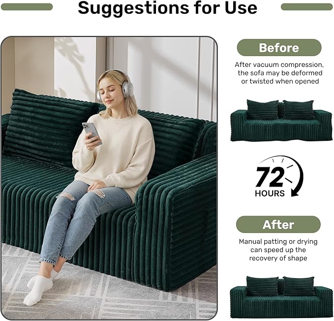 Boneless Couch Sofa 2-Seater Foam Sofa Love Seat Furry with 2 Pillows &amp 2 Side Pockets for Living Room (Green)