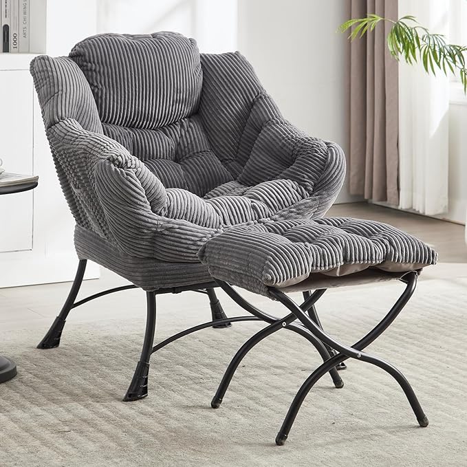 NIOIIKIT Leisure Lazy Chair with Ottoman Corduroy Upholstered Lounge Armchair with Side Pocket Comfy Reading Chair Lazy Sofa Chair for Living Room Bedroom Office (Grey)