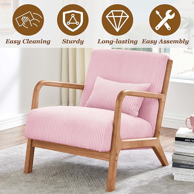 Midcentury Modern ChairWooden Pink Accent Chair with PillowCorduroy Arm Chair for Living RoomBedroomSmall Rooms (Pink)