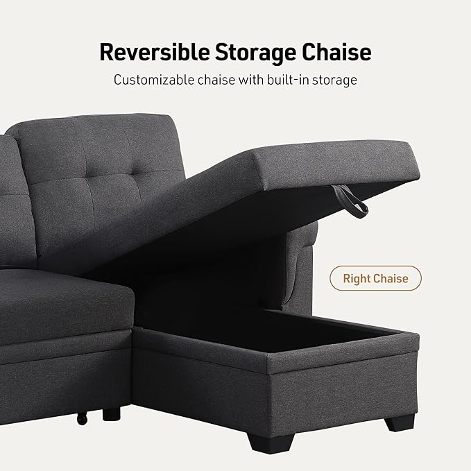 Lilola Home Convertible Sectional Sleeper Sofa Bed 84 Inch L Shaped Couch with Pull Out Bed Storage Chaise Removable Back Cushions for Living Room Office Linen Fabric Dark Gray