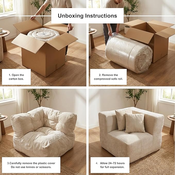 · REDEARTH · Armless Chair Velvet Sectional Sofa No-Assembly Compressed Couch in a Box Firm Support Boneless Modular System in Plush Velvet for Living Room (1-Seater) Cream