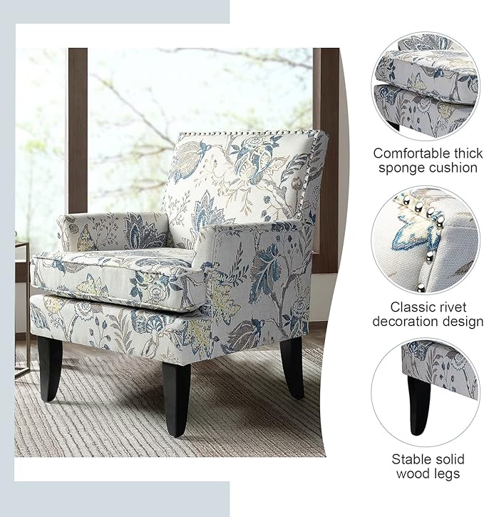 HULALA HOME Modern Accent Chair with Arms and Wooden Legs Mid Century Accent Chair Armchair High Back Rest Padded Armrest and Comfortable Cushioned Seat for Living Room (Blue Yellow Floral)