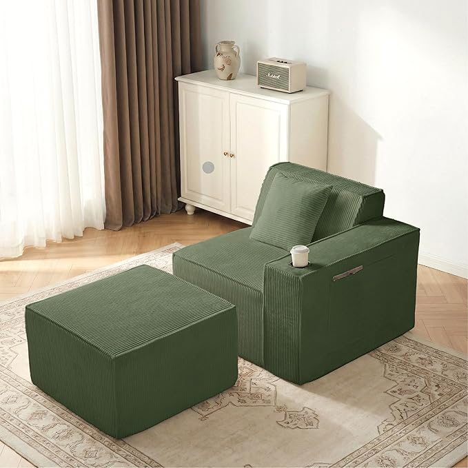 Cloud Modular Sectional CouchBoneless Corduroy Sofa for Living RoomU Shaped Sofa with OttomanDeep SeatNo Assembly Required (Green Right-arm Seat + Ottoman)